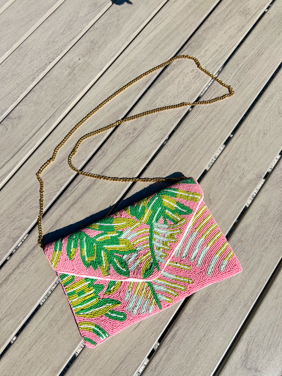 Tropical Palm Beaded Clutch