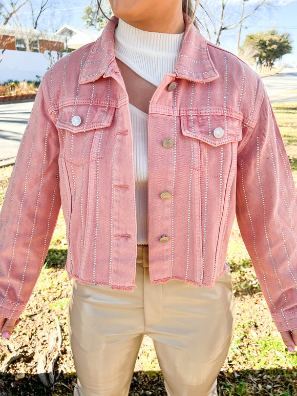 Pink Denim Crystal Studded Jacket